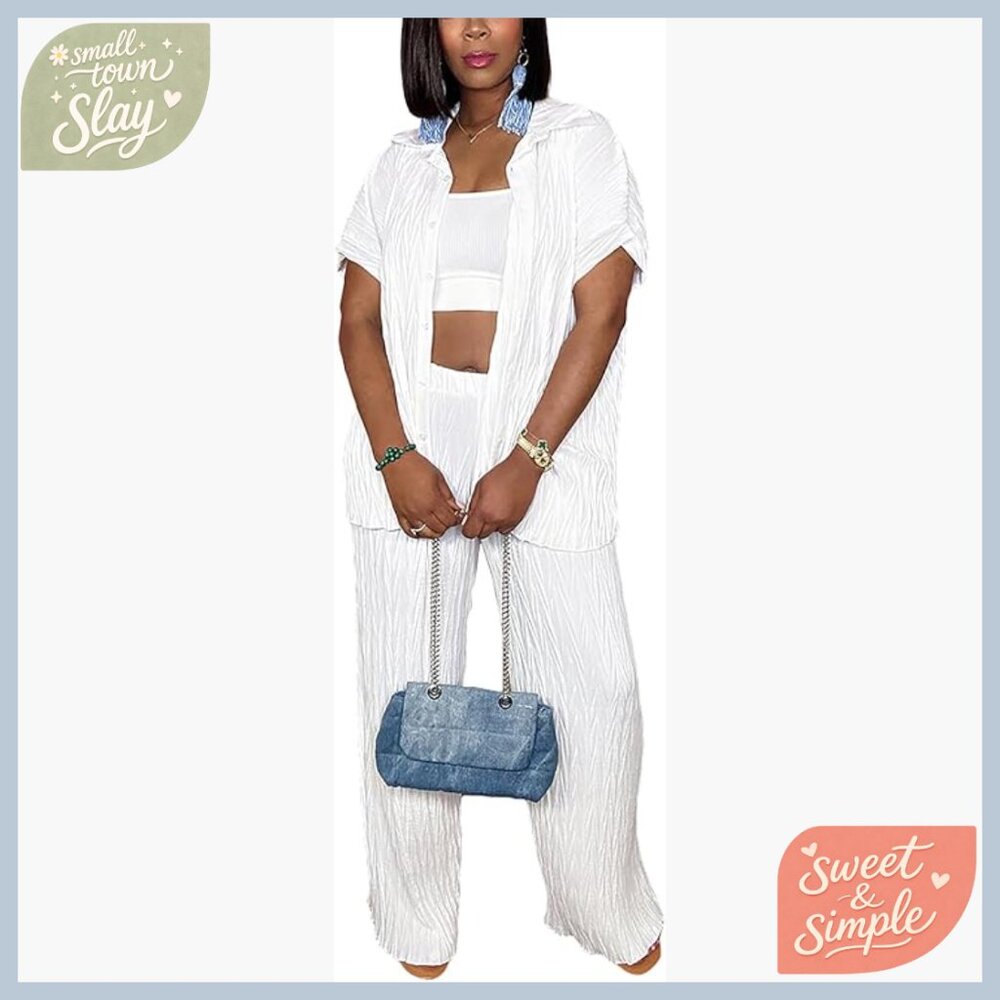 Large Polyester Two Piece Set Button Down Shirt W… - image 1